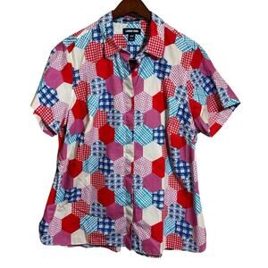 Lands' End 18W Button Up Shirt Patchwork Mixed Quilt Pattern No-Iron Supima